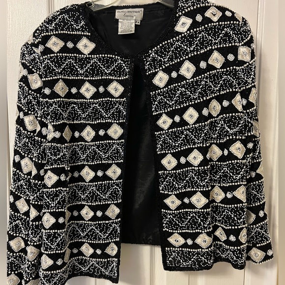 Beaded Blazer Crew Neck w Shoulder Pads Formal Black White Womens Size 2X Papel - Picture 4 of 11